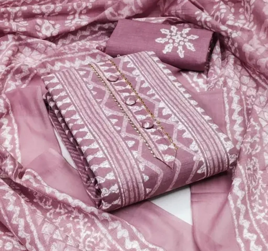 Elegant Mauve Printed Cotton Suit Set with Embroidered Neckline