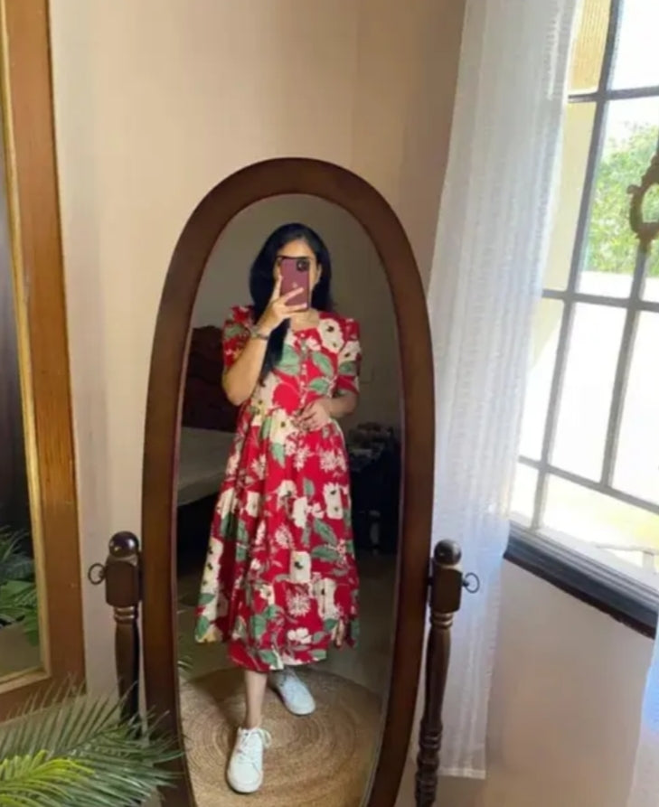Floral Print Red Dress – Button Front | Soft Rayon Fabric