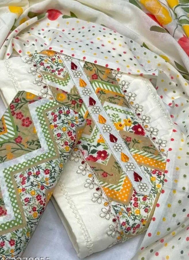 Elegant White Cotton Suit Material with Multicolor Floral & Geometric Embroidery
