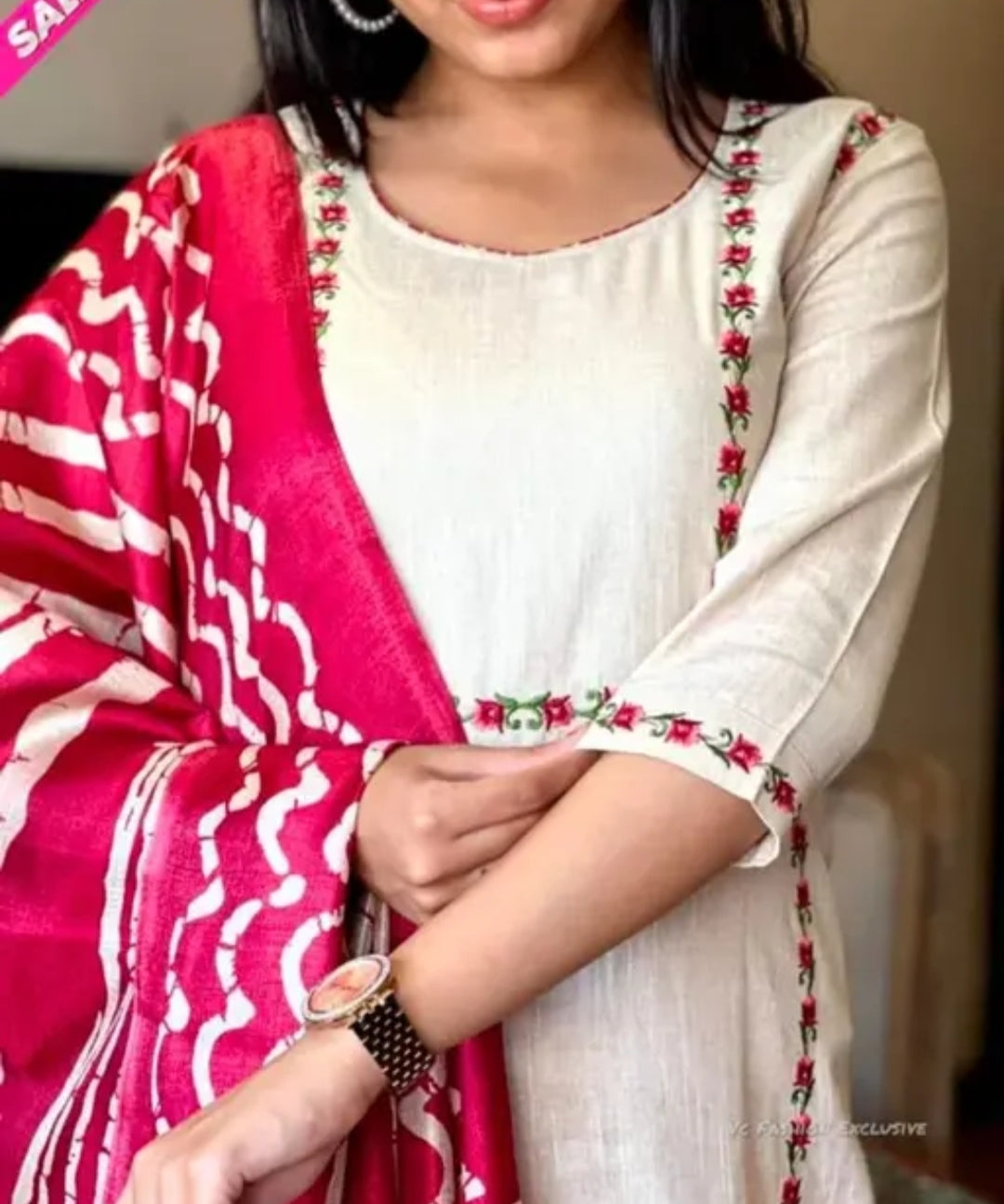 Elegant Cream Kurta Set with Red Bandhani Print Dupatta – Festive & Ethnic Wear