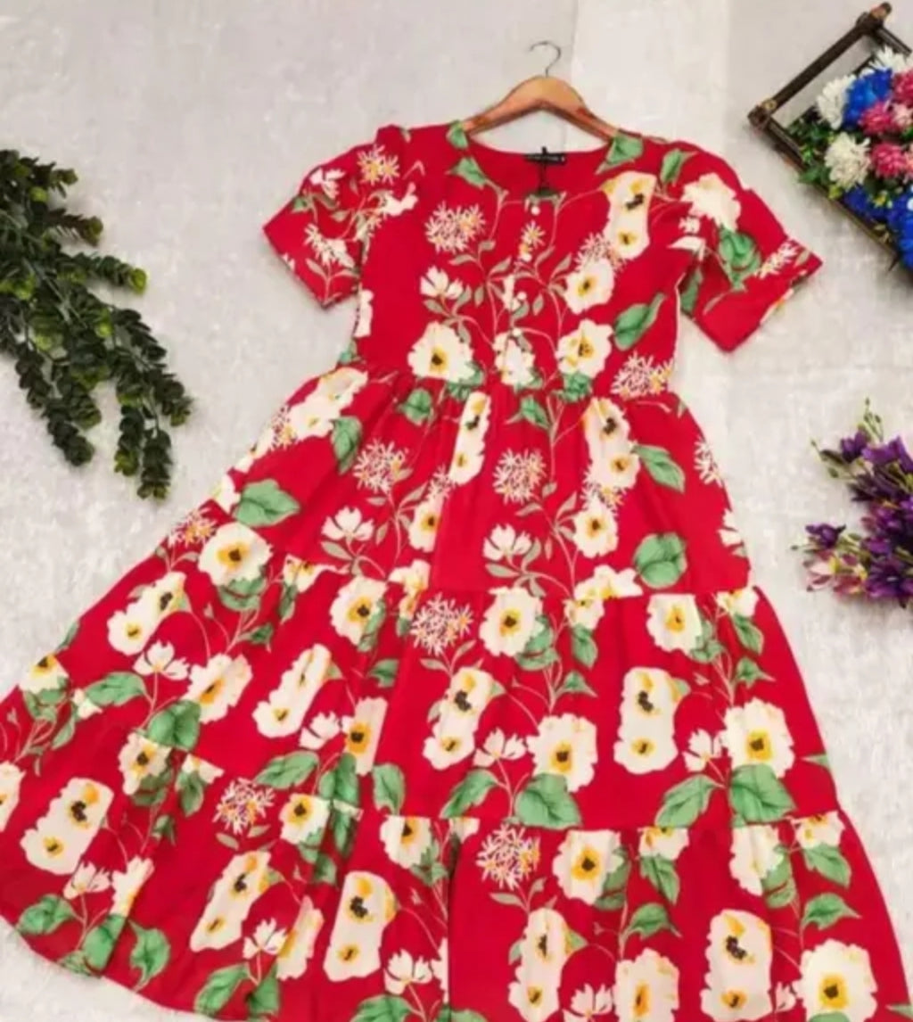 Floral Print Red Dress – Button Front | Soft Rayon Fabric