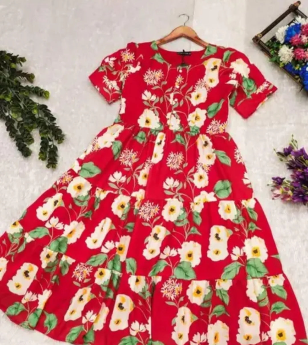 Floral Print Red Dress – Button Front | Soft Rayon Fabric