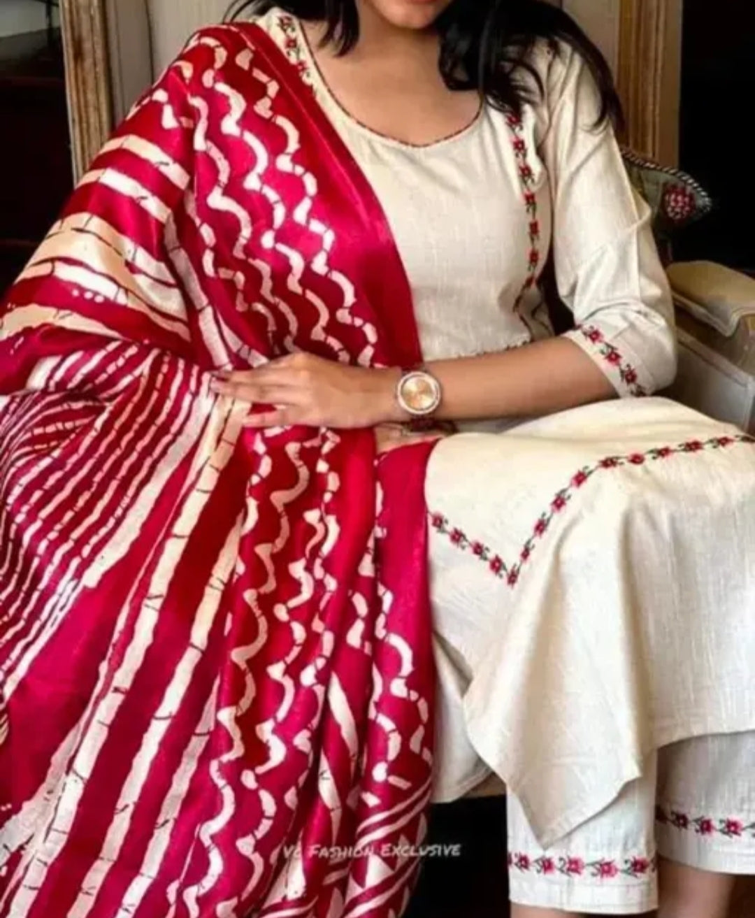 Elegant Cream Kurta Set with Red Bandhani Print Dupatta – Festive & Ethnic Wear