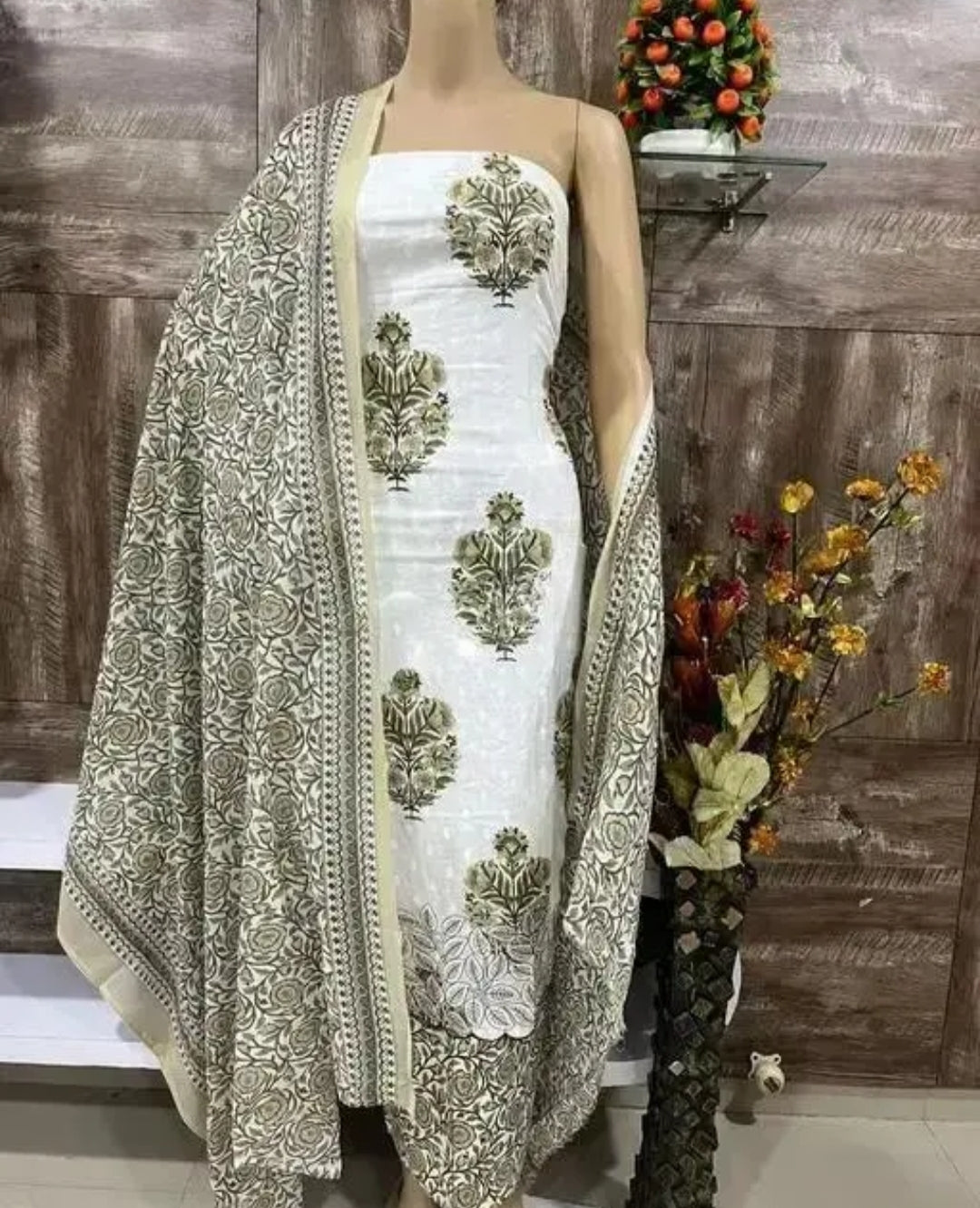 Elegant White & Olive Green Cotton Unstitched Suit Material