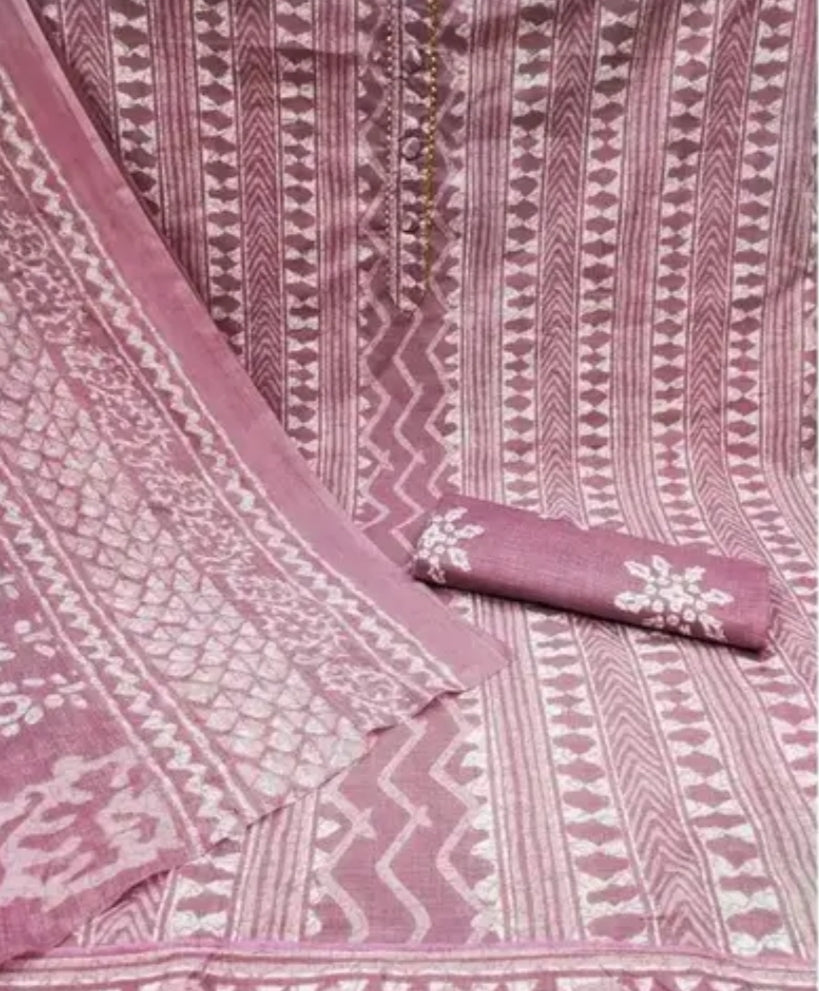 Elegant Mauve Printed Cotton Suit Set with Embroidered Neckline