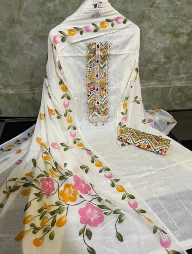 Elegant White Cotton Suit Material with Multicolor Floral & Geometric Embroidery