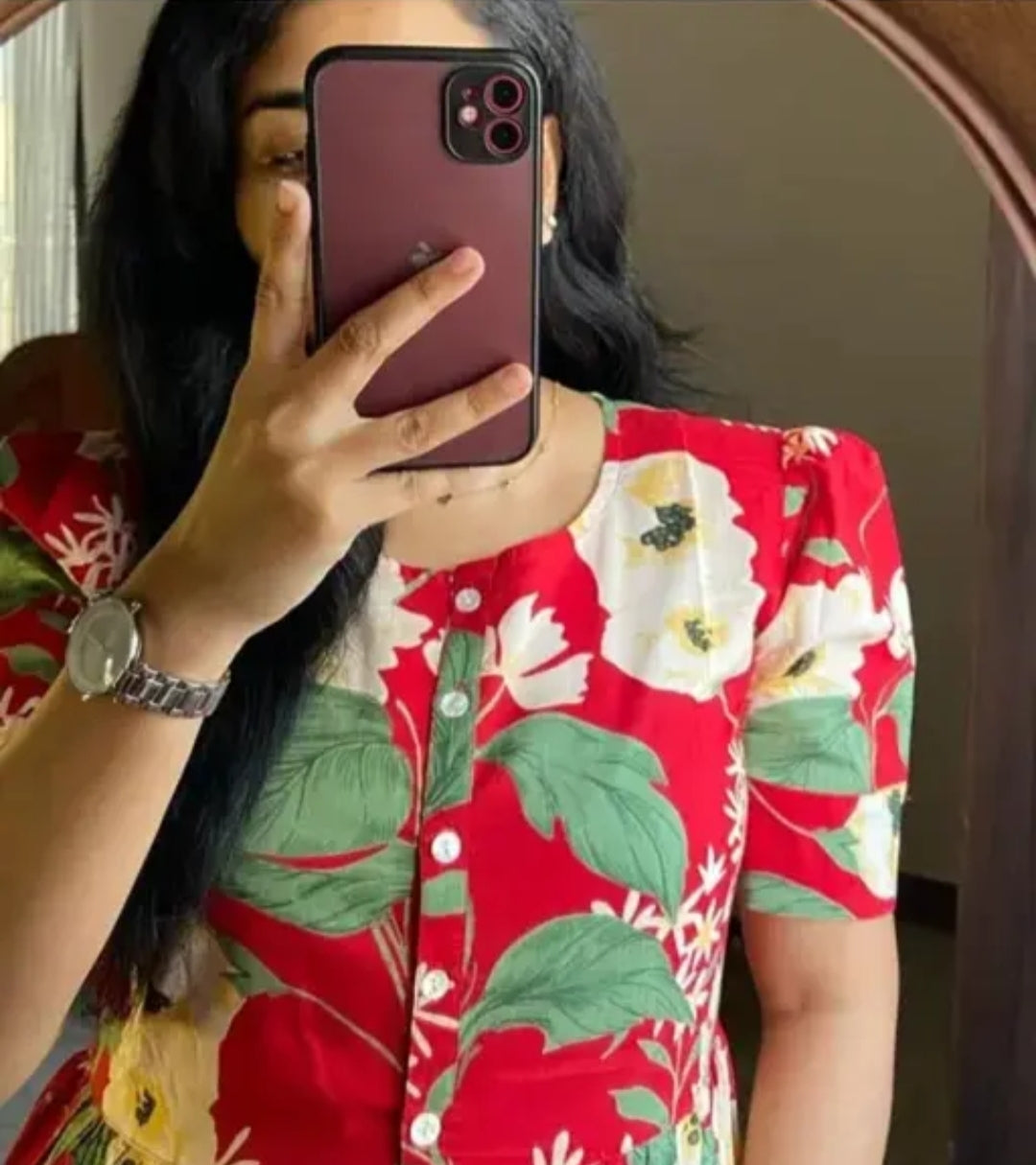 Floral Print Red Dress – Button Front | Soft Rayon Fabric