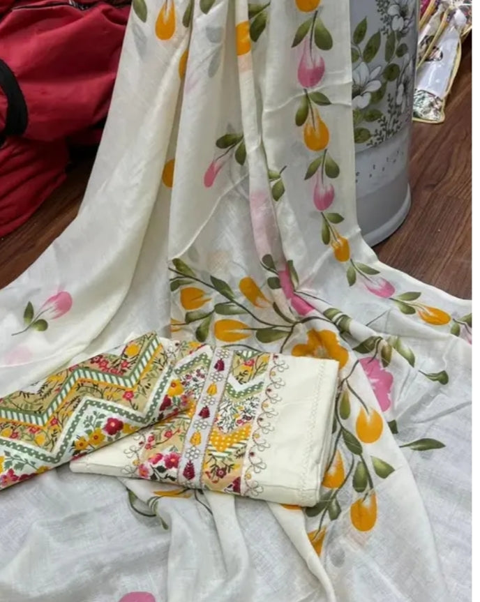 Elegant White Cotton Suit Material with Multicolor Floral & Geometric Embroidery