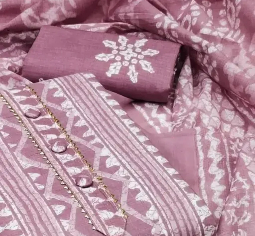 Elegant Mauve Printed Cotton Suit Set with Embroidered Neckline