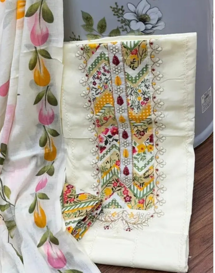 Elegant White Cotton Suit Material with Multicolor Floral & Geometric Embroidery